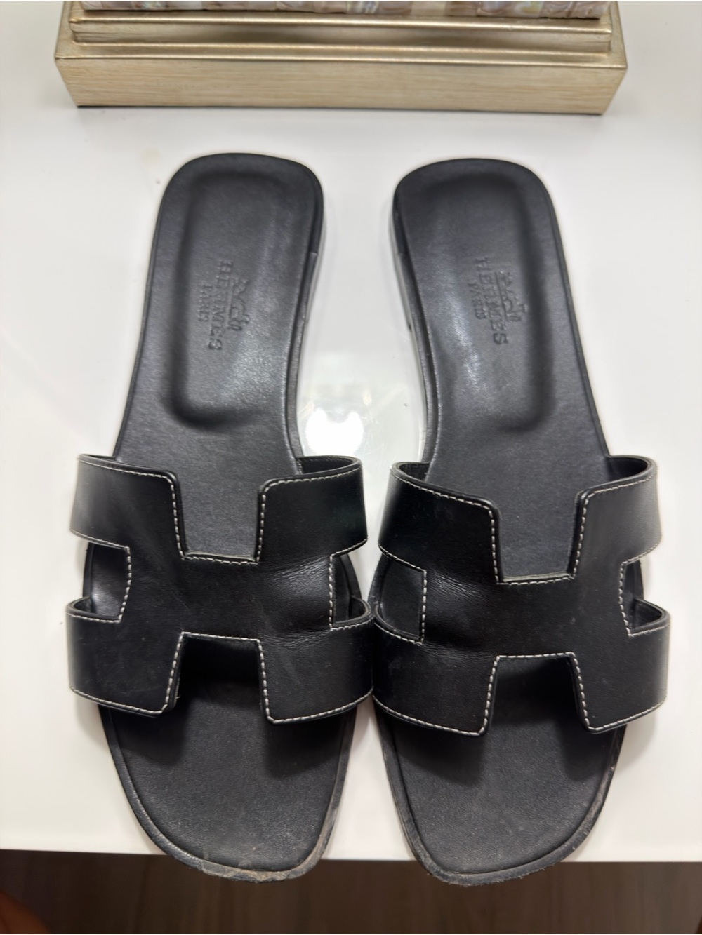 Hermes Black Leather 'H' Slide Sandals - Picture 2 of 4